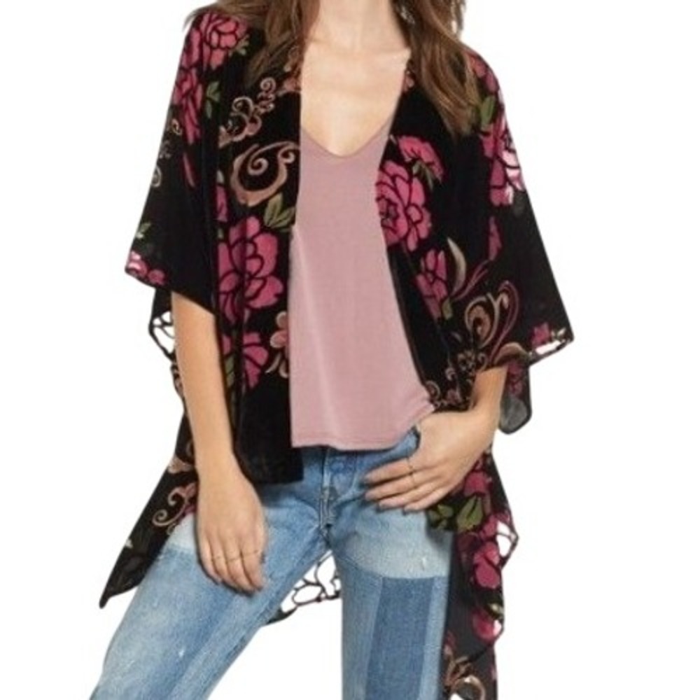 WOVEN HEART Women's M/L Kimono Black Floral Open Front Velvet Burnout Bohemian